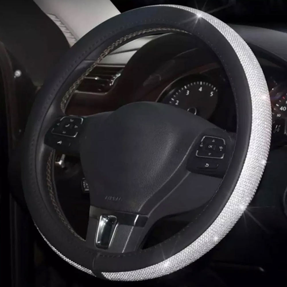 Parlak Gümüş Derili Taşlı Geçirmeli Direksiyon Kılıfı 38x40 cm