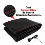 Deri Direksiyon Kılıfı Sarmalı Dikmeli Kırmızı Dikişli Kokusuz Kılıf